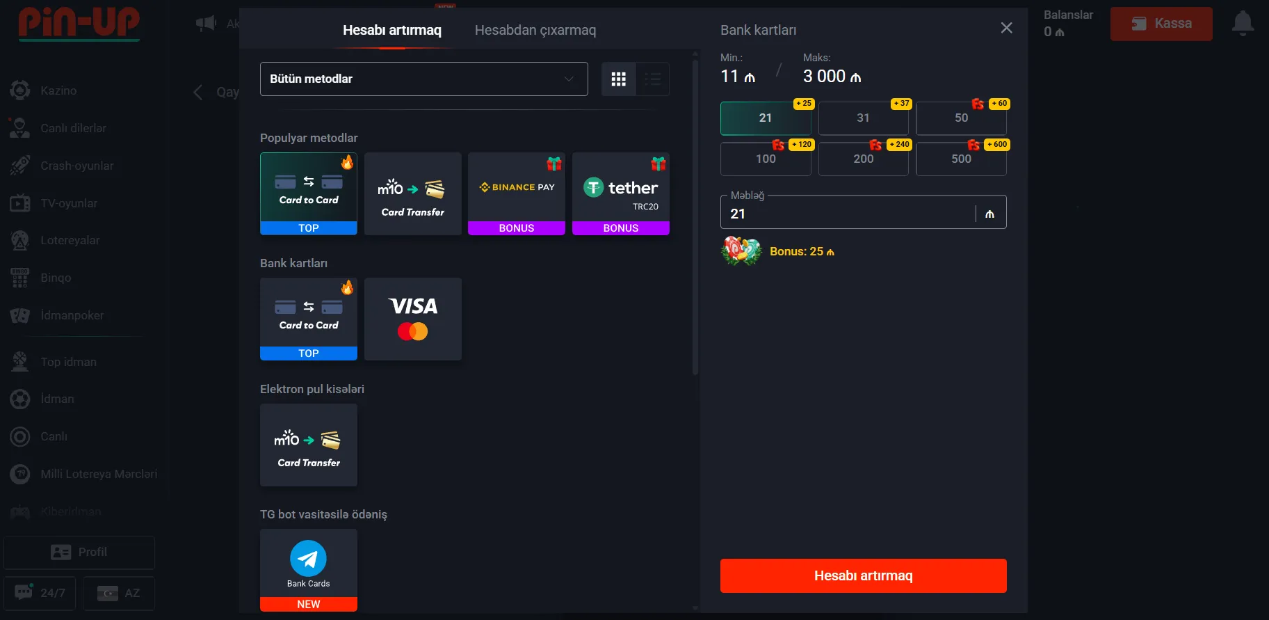 Pin Up Casino — ödəniş üsulları depozit və vəsaitin çıxarılması